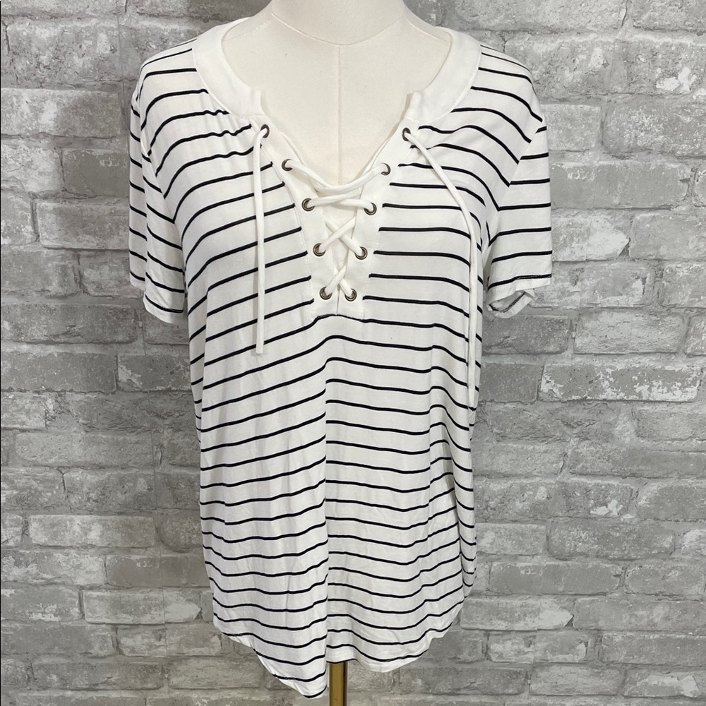 Maurices Striped Lattice Front Short Sleeve Tee